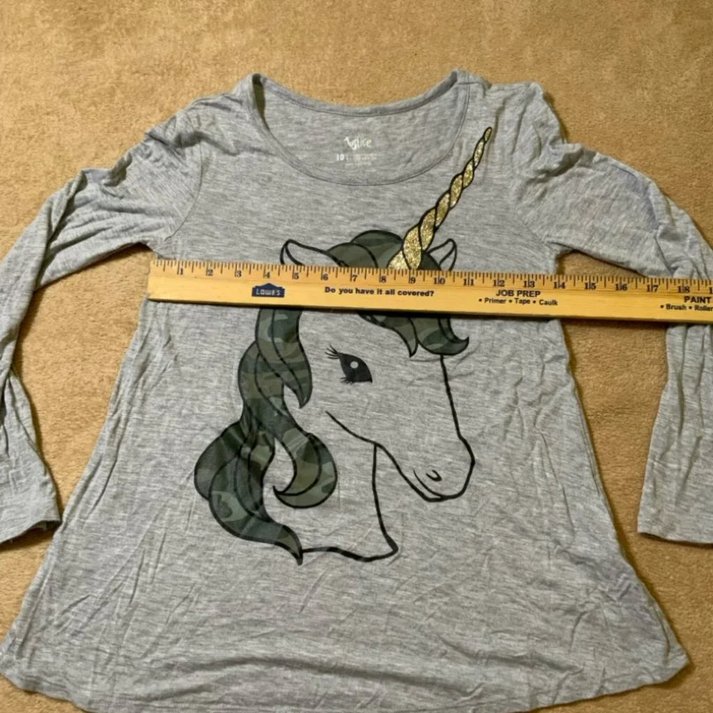 Justice Girls 10 Heather Gray Camo Glitter‎ Unicorn Long Sleeve Round Neck Top